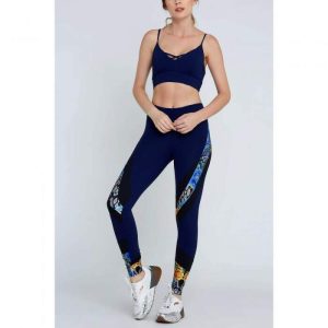 CALZA LEGGINS CON CORTES ESTAMPADOS AZULES NEGRO maismar